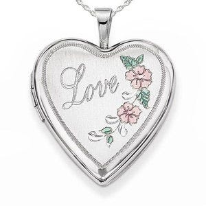 Sterling Silver Love with Pink and Green Enamel Heart Photo Locket - 3/4 inch x 3/4 inch