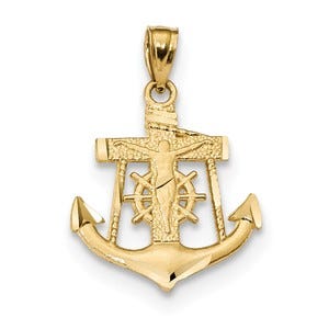 14k Satin Diamond-cut Anchor w/Crucifix Pendant