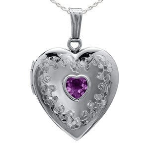 Sterling Silver Floral Border with Birthstone Heart Photo Locket