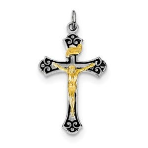 Sterling Silver Rhodium-plated & Vermeil Crucifix Pendant