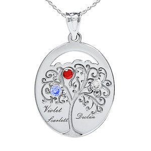 Personalized Family Tree Pendant with 3 Names and Birthstones- Includes 18 Inch Chain