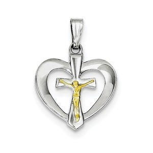 Sterling Silver Rhodium-plated Polished Heart with Vermeil Crucifix Pendant