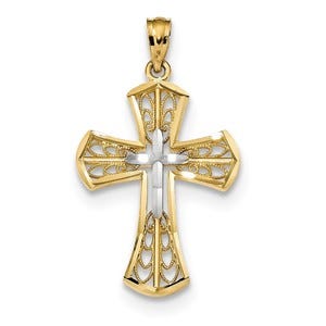 14k w/Rhodium Polished D/C Filigree Cross Pendant