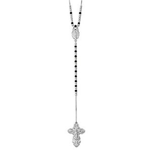 Sterling Silver & Black Glass Rosary Bead Necklace /with Miraculous Medal