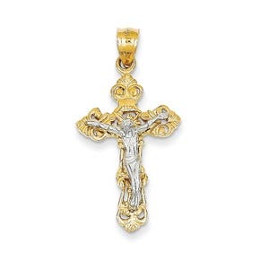 14k Two-tone Fleur De Lis Crucifix Pendant