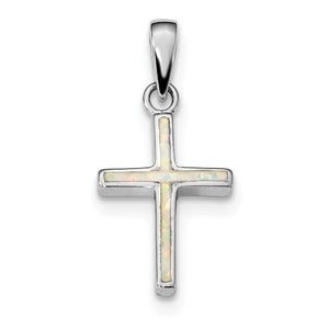 Sterling Silver Rhodium-plated White Created Opal Cross Pendant