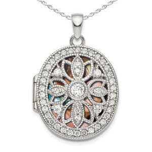 Sterling Silver Pierced Oval Photo Locket with Cubic Zirconia
