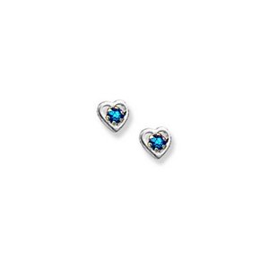 14K  White Gold Child's Genuine Blue Zircon Heart Birthstone Earrings
