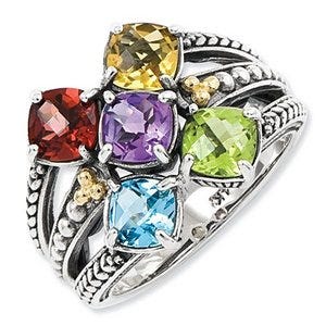 Sterling Silver & 14k Five-stone  Antiqued Mother's Ring