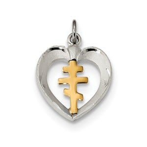 Sterling Silver Gold-plated Polished Satin and D/C Cross Heart Pendant