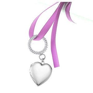 Sterling Silver Wedding Bouquet Heart Photo Locket With Ribbon Loop - 3/4 inch x 3/4 inch
