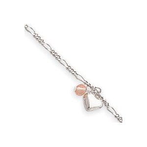 Sterling Silver Cherry Quartz & Dangling Hearts on Figaro Link Anklet