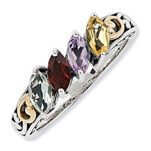 Sterling Silver & 14k Four-stone  Antiqued Mother's Ring