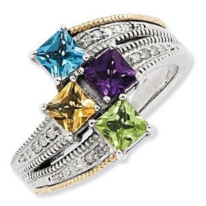 Sterling Silver & 14k Four-stone Antiqued Mother's Ring