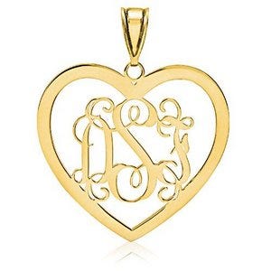 Heart Shaped Vine Script 3 Letter Monogram Cut-Out Pendant