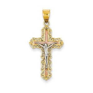 14K Tri-color Diamond-cut Crucifix Pendant