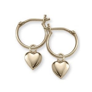 14K  Yellow Gold Children's Hoops with Dangling  Hearts Earrings