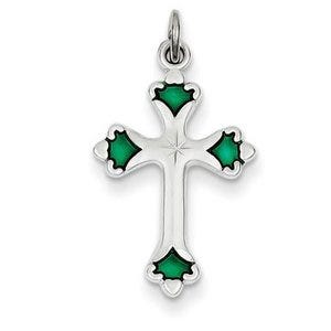 Sterling Silver Green Enameled Budded Cross Charm
