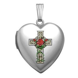 Sterling Silver "Celtic Cross With Rose"  Heart Locket