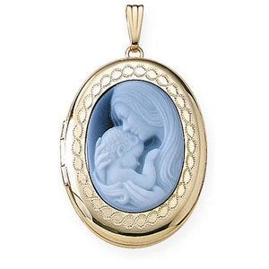 Solid 14K Yellow Gold Mother & Child Cameo Oval Photo Locket
