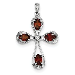 Sterling Silver Rhodium Garnet & Diamond Cross Pendant