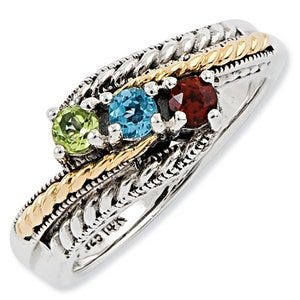 Sterling Silver & 14k Three-stone  Antiqued Mother's Ring
