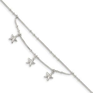 Sterling Silver Polished 2-Strand Starfish Anklet w/ 1 Inch Ext.