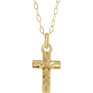 14k Yellow Gold Diamond Cut Children's Cross Pendant w/ 15" Chain Included