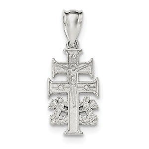 Sterling Silver Polished Caravaca Double Cross w/Angels Crucifix Pendant