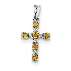Sterling Silver Rhodium Citrine & Diamond Cross Pendant