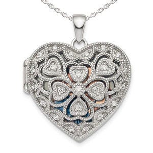 Sterling Silver Pierced Heart Photo Locket with Cubic Zirconia