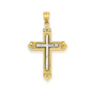 14k & Rhodium Diamond Cut Cross Pendant
