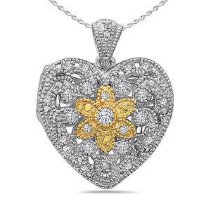 Sterling Silver Two Tone Cubic Zirconia Heart Photo Locket