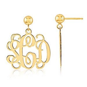 14K Yellow Gold Outlined Monogram Vine Script Post Dangle Earrings
