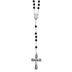 Sterling Silver Black Onyx Rosary Necklace /with Sacred Heart of Jesus