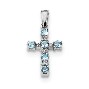 Sterling Silver Rhodium Lt Sw Blue Topaz Cross & Diamond Pendant