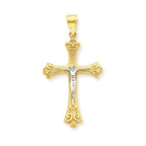 10k & Rhodium Fleur de Lis Crucifix Pendant