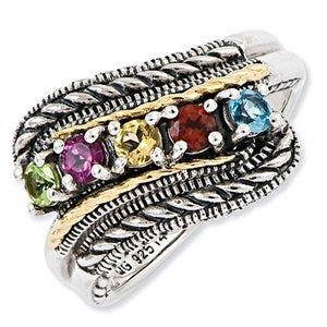 Sterling Silver & 14k Fivestone  Antiqued Mother's Ring