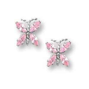 Sterling Silver Children's "Butterfly" Post Earrings w/ Pink CZ.