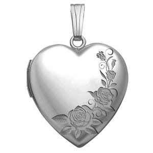 14K White Gold Roses Heart Photo Locket