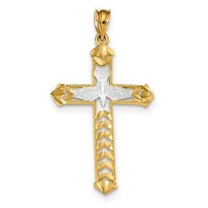 14k White Rhodium w/ Yellow Polished Diamond-cut Dove Cross Pendant