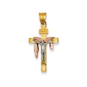 14K Tri-color Diamond-cut Large Draped INRI Crucifix Pendant