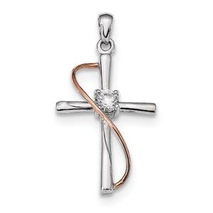 Sterling Silver Rhodium & Rose-tone Polished CZ Cross Pendant