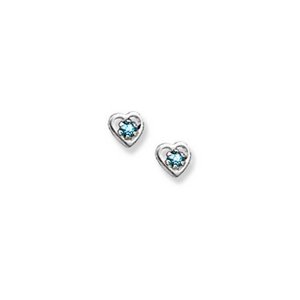 14K  White Gold Child's Genuine Aquamarine "Heart" Birthstone Earrings