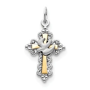 Sterling Silver Rhodium-plated & Vermeil Dove Cross Charm