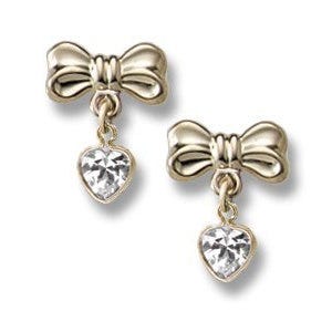 14K Yellow Gold Children's "Bow" CZ Heart Dangle Earrings.