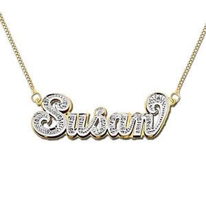 14K Yellow Gold Diamond Double Name Necklace with Chain