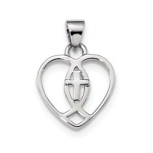 Sterling Silver Rhodium-plated Heart w/Ichthus and Cross Pendant