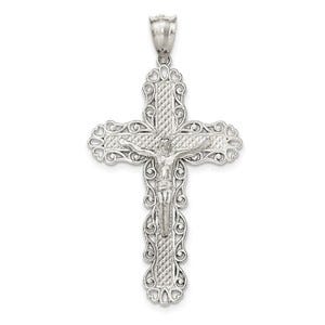 Sterling Silver Polished & Textured Large Floral Cross w/Jesus Pendant
