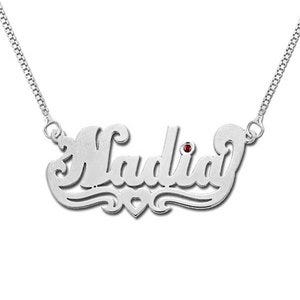 Sterling Silver "Script" Style Horizontal Name Necklace w/ Birthstone & Chain